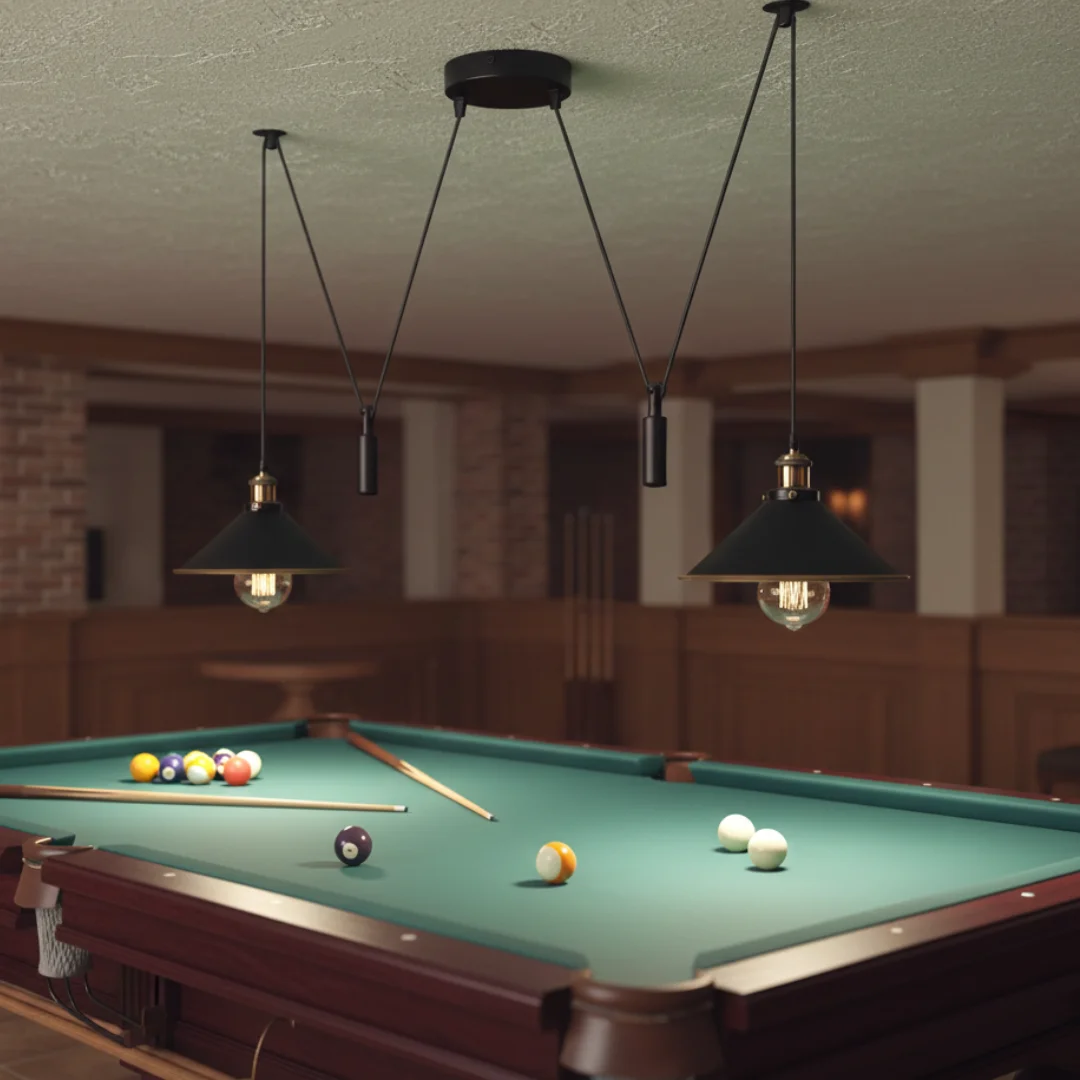 Black 2 light spider pendant hanging space saving lamp with metal shades and long cables for ceiling mounting