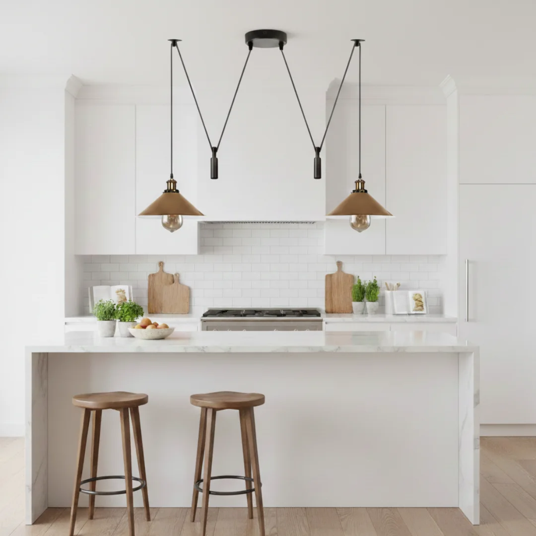 Black 2 light spider pendant lamp with metal shades and long cables providing soft ambient lighting