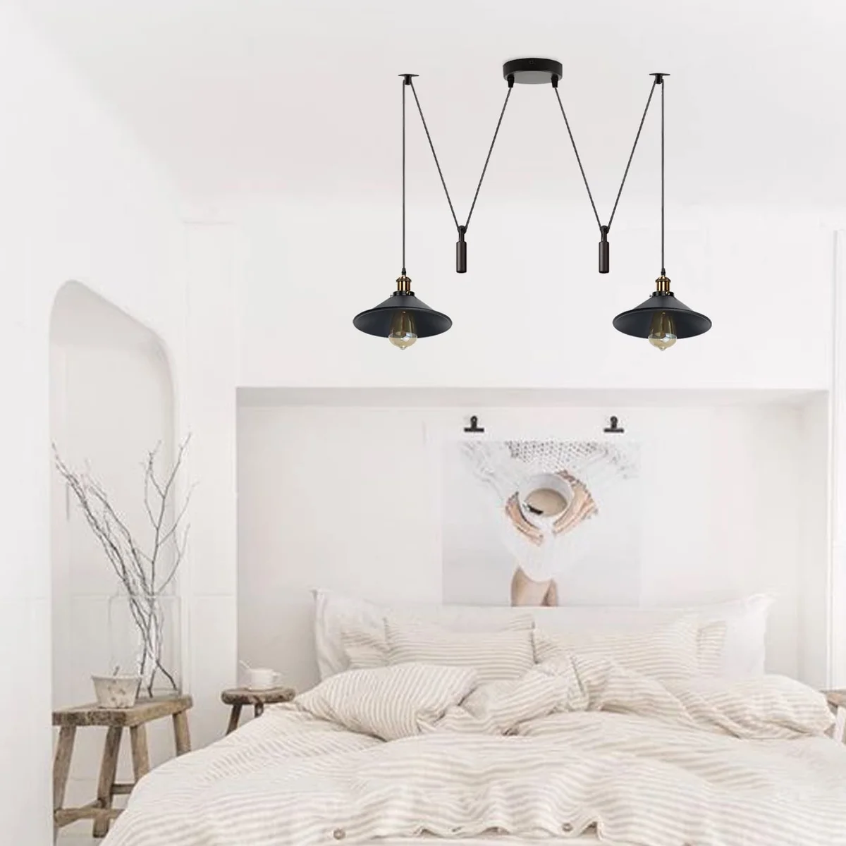 Black 2 light pendant lamp with metal shades and long cables, designed for ceiling mounting in modern interiors