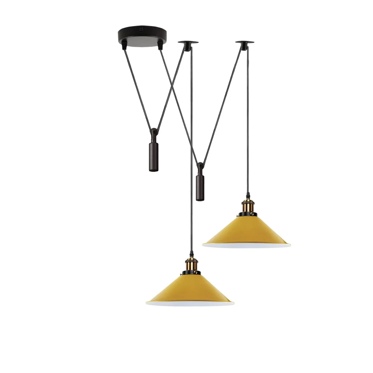 Black 2 light pendant lamp with metal shades and long cables, ideal for stylish, space-saving home lighting