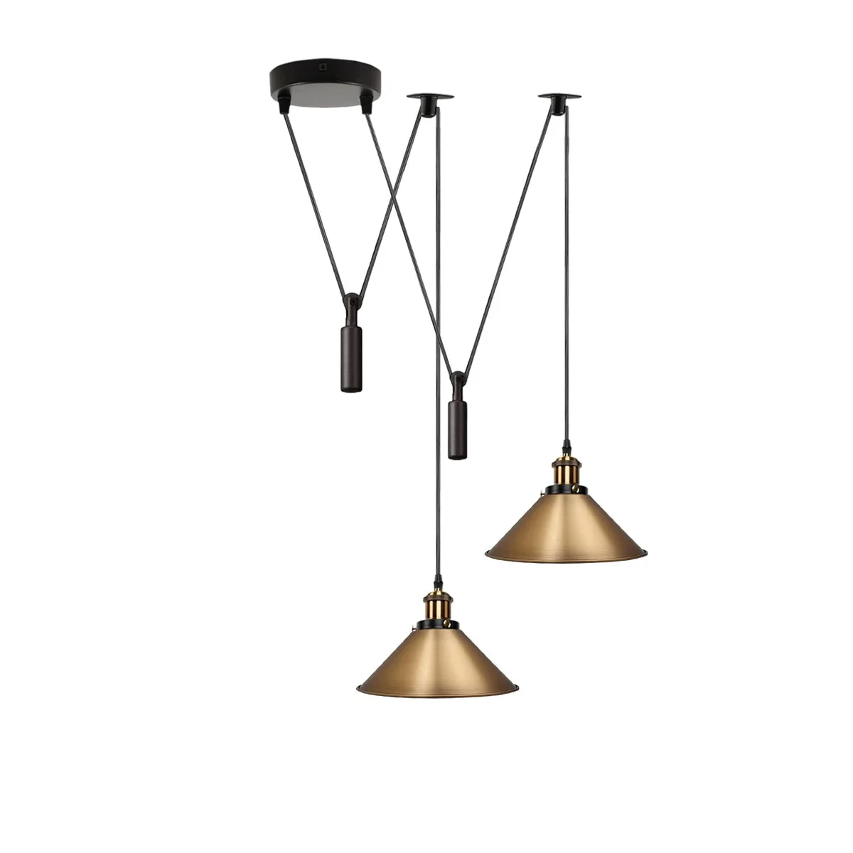 Black 2 light pendant lamp with metal shades, pulleys, and long cables hanging from ceiling plate