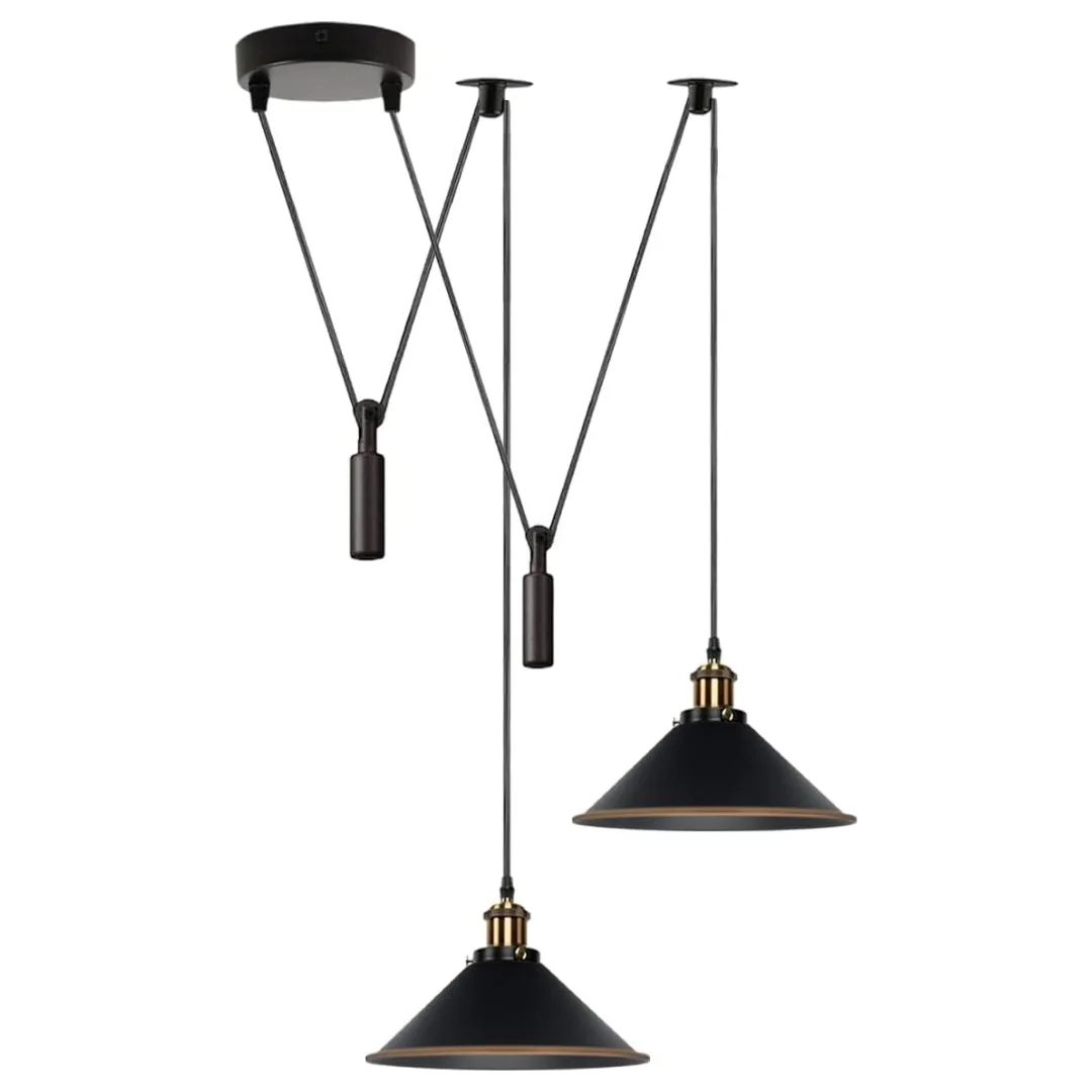 Black 2 light pendant lamp with metal shades and long cables, designed for ceiling mounting in modern interiors
