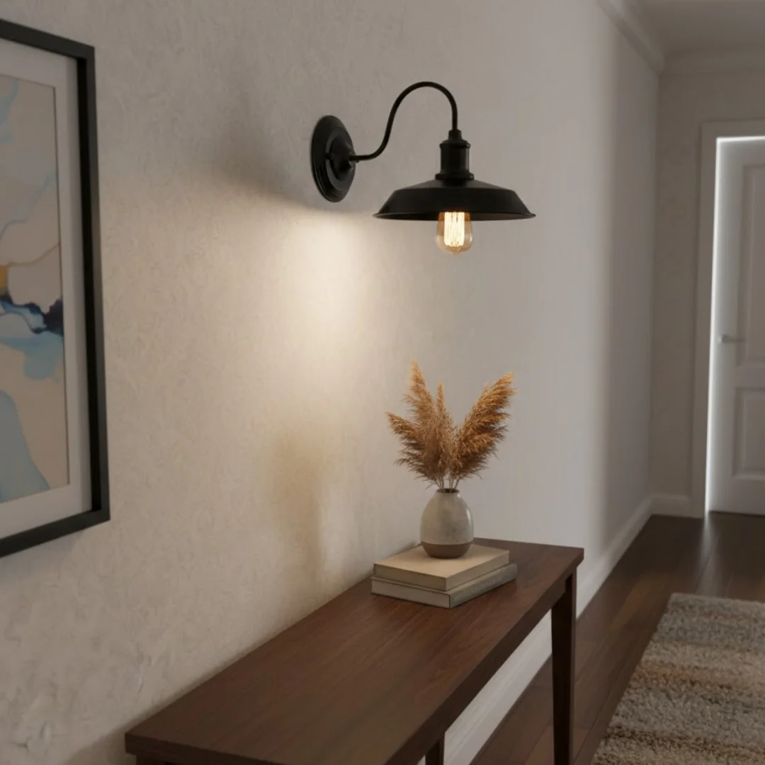 Industrial vintage metal E27 wall sconce with swan neck arm, ceiling rose, and built-in toggle switch for indoor use