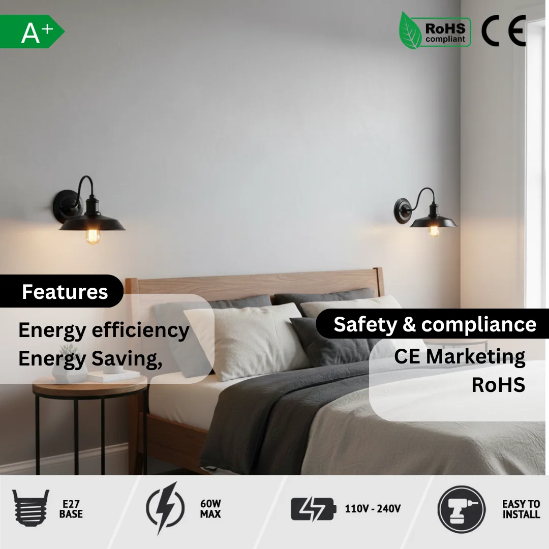 Vintage wall sconce with swan neck metal arm, E27 base, and built-in toggle switch on round ceiling rose