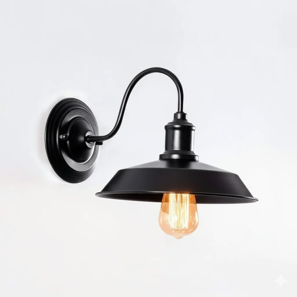 Vintage-style metal wall light with swan neck arm and built-in toggle switch on ceiling rose, suitable for indoor use