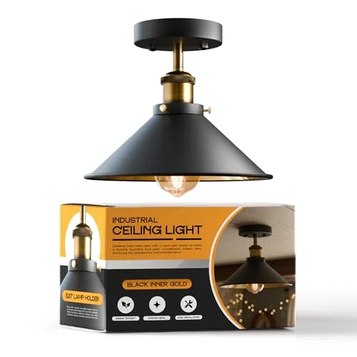 Vintage ceiling light with metallic cone shade and flush mount design, perfect for indoor living spaces.