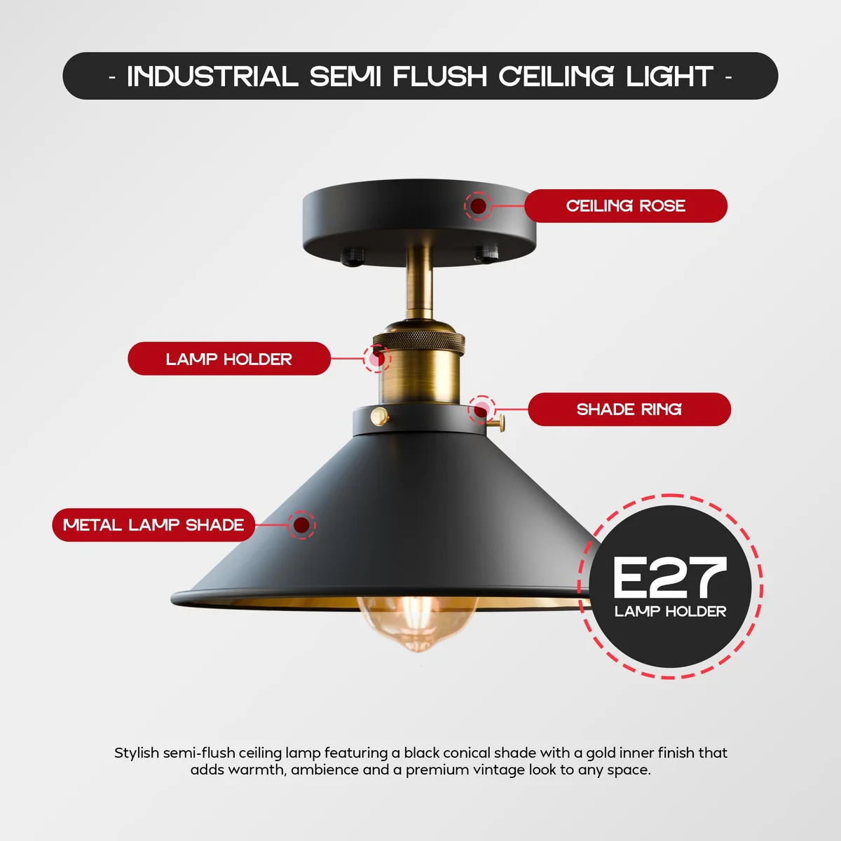 Vintage industrial style flush mount ceiling light with metallic cone shade, perfect for indoor living spaces.