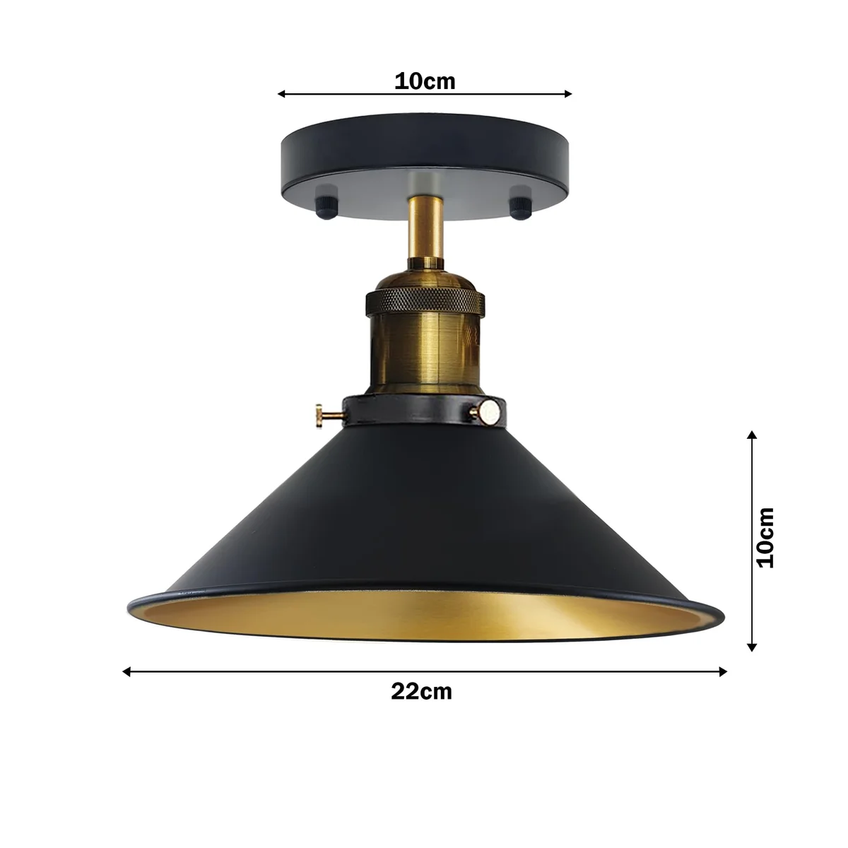 Vintage style metal cone ceiling light with metallic finish, flush mount design, suitable for indoor use in living spaces