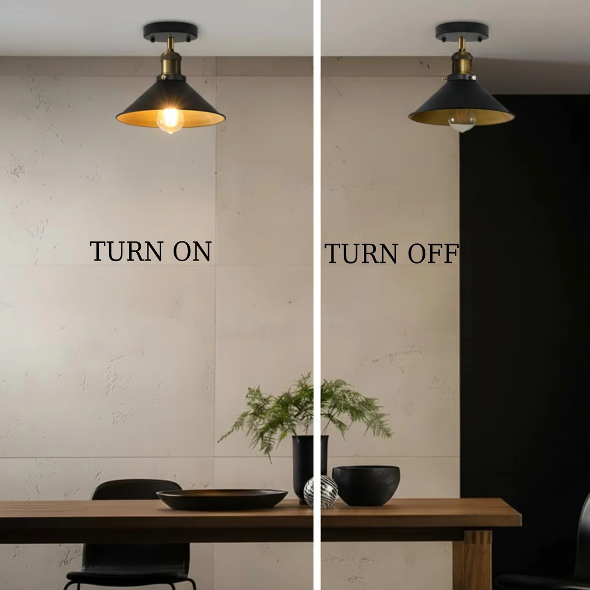 Vintage industrial style flush mount ceiling light with cone shade and E27 bulb ceiling light, metallic finish, indoor use