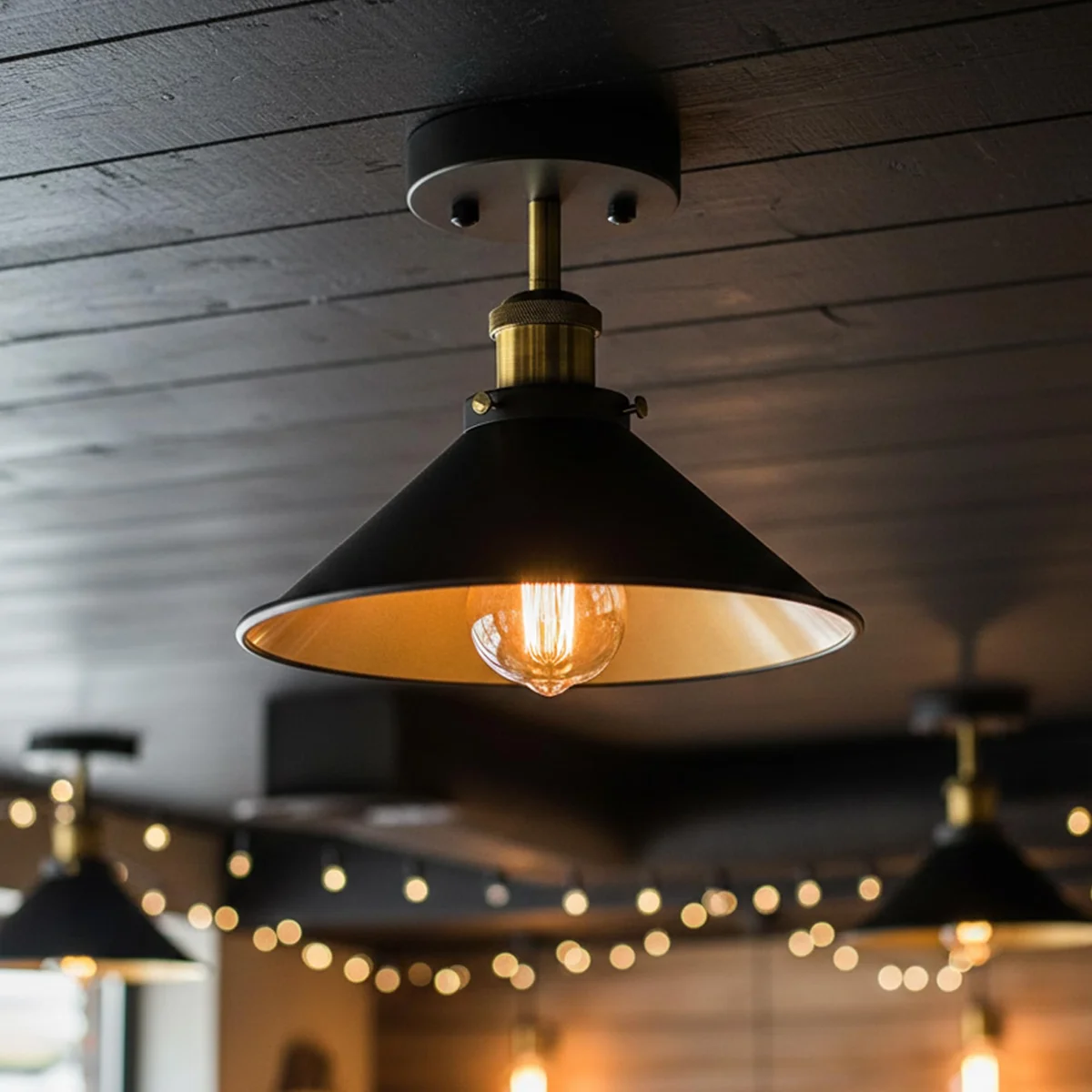 Vintage industrial style ceiling light with a metallic cone shade and hardwired ceiling rose, suitable for indoor use