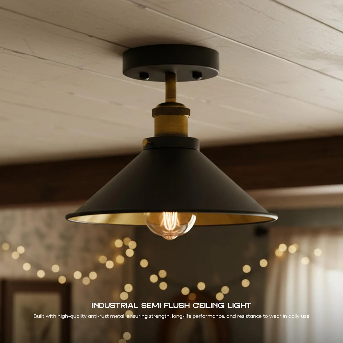 Indoor vintage light with metal cone shade flush mounted on ceiling, ideal for dining or bedroom ambiance