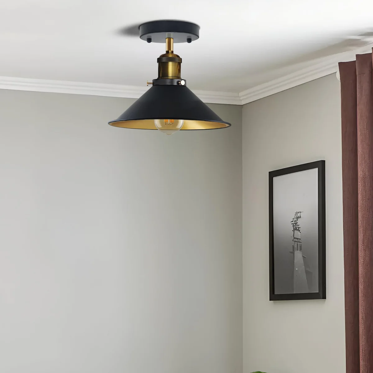 Vintage ceiling light with metallic cone shade flush mounted on ceiling, showcasing industrial vintage style and warm glow