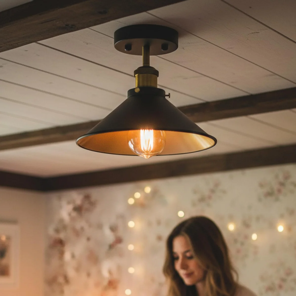 Vintage ceiling light with metallic cone shade flush mounted on ceiling, ideal for dining room or bedroom ambiance