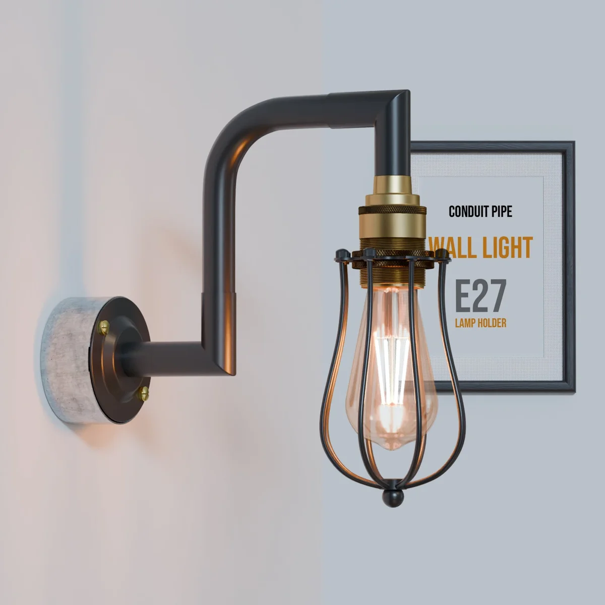 Black brass industrial pipe wall light with vintage metal cage and matte finish, E27 bulb, wall-mounted downlight design