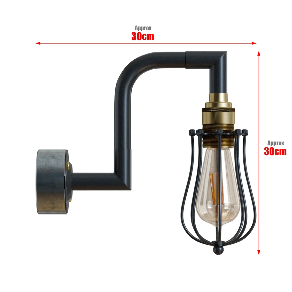 Vintage wall light with black brass industrial cage design, matte finish, wall-mounted conduit pipe style, E27 bulb base.