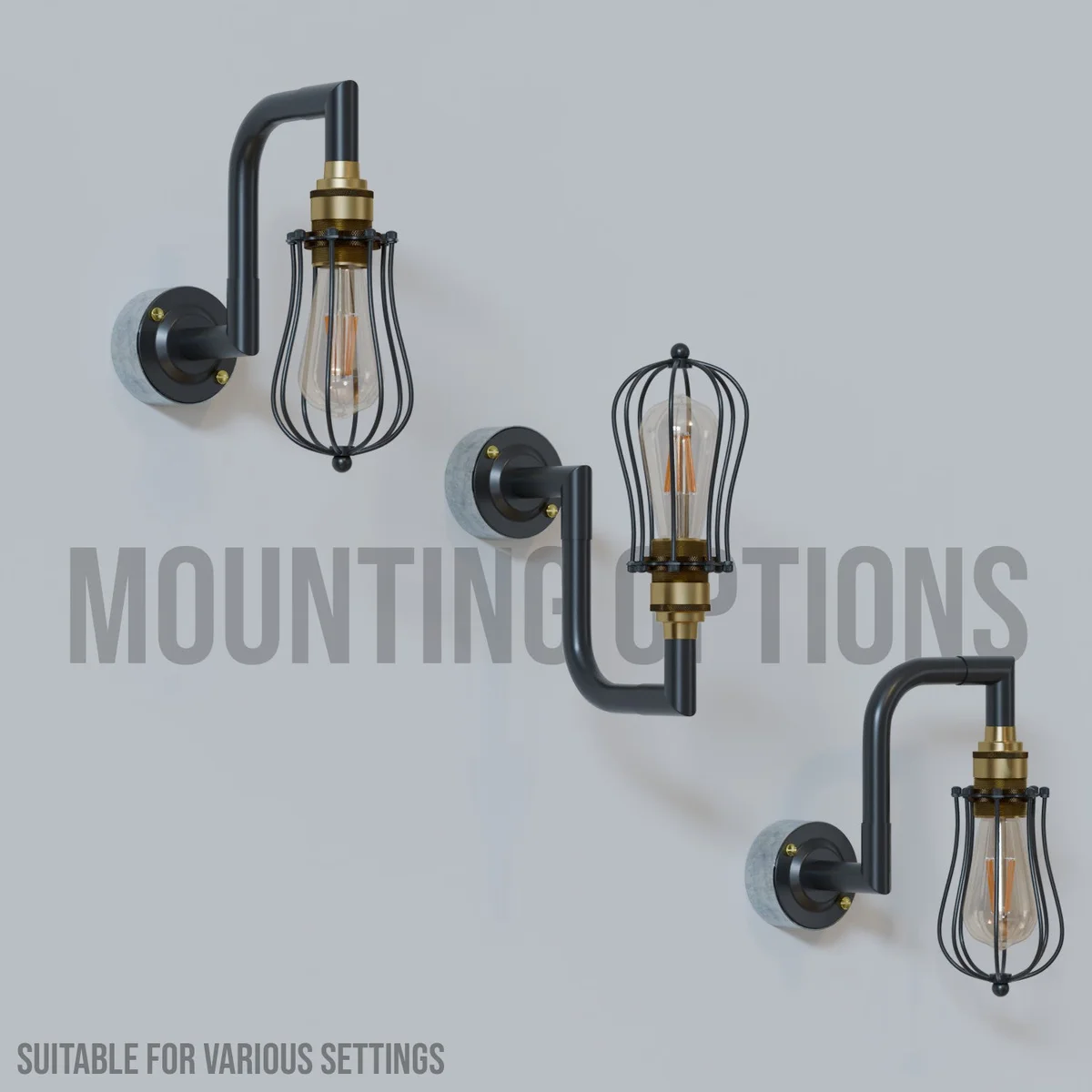 Black industrial metal cage wall lamp with vintage conduit pipe design, matte finish, and E27 bulb holder mounted on wall
