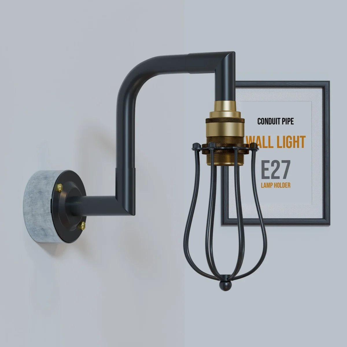 Black brass industrial pipe wall light with vintage cage design, showcasing industrial style lighting mounted on white wall