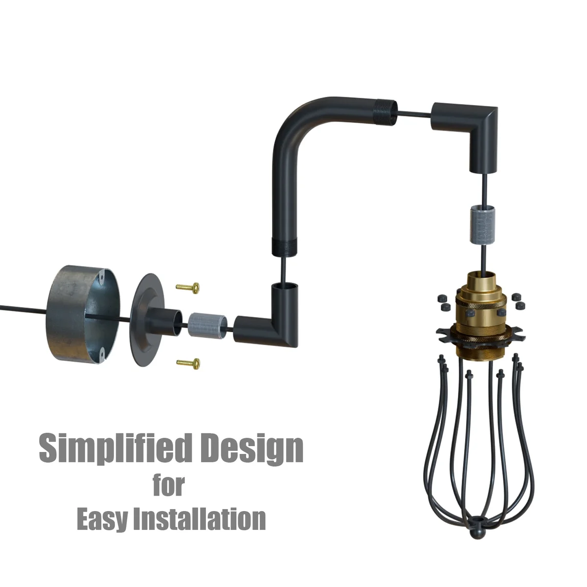 Black brass industrial pipe wall light with vintage metal cage, mounted on wall, showing matte finish and hardware details