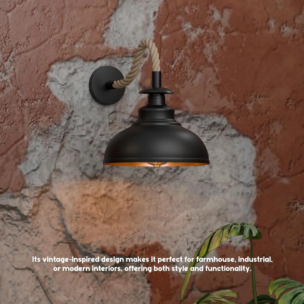 Dimmable black wall sconce with twisted hemp rope cable and metal shade, vintage style indoor wall light fixture