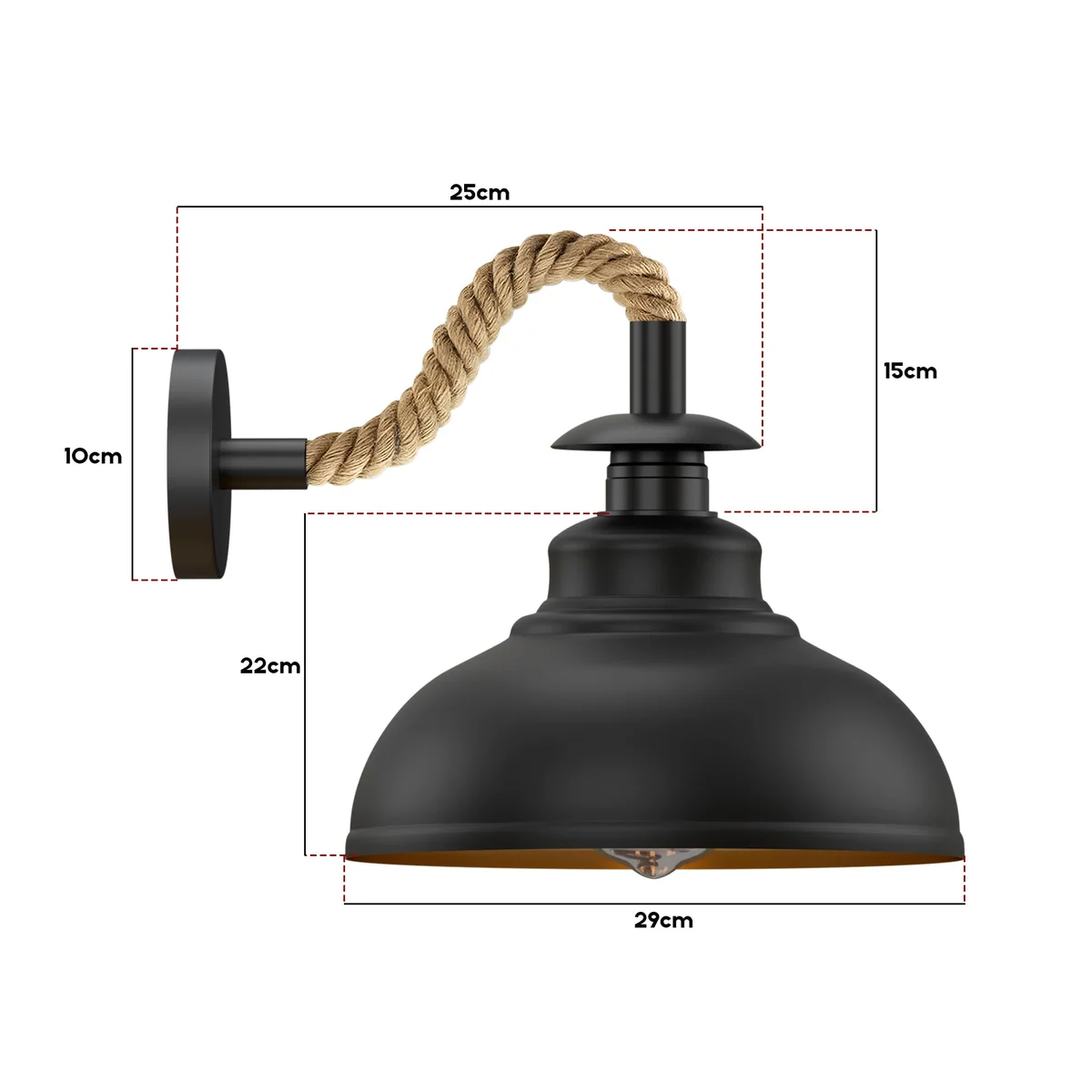 Black vintage rope wall light with twisted hemp rope cable and metal shade, dimmable E27 bulb compatible fixture