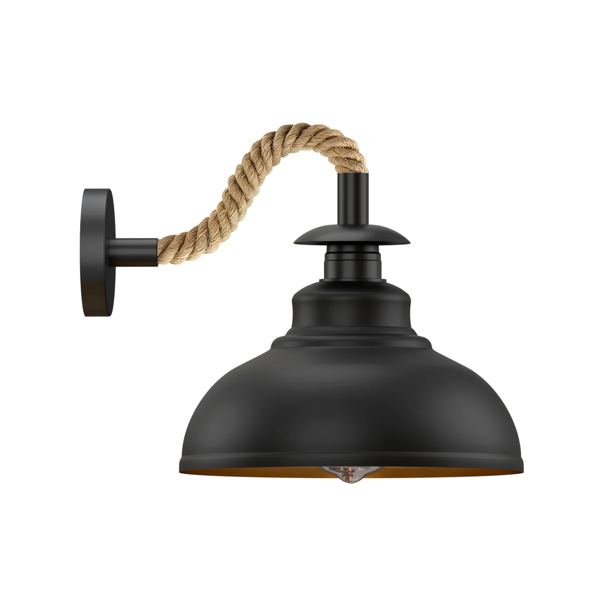 Black dimmable hemp rope wall lamp with twisted rope cable and metal shade, vintage style, E27 bulb compatible