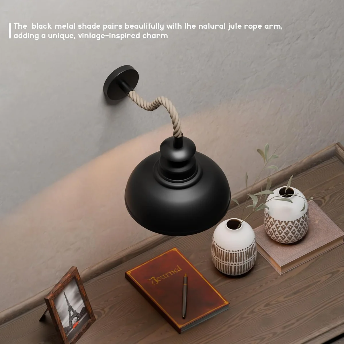 Black vintage indoor dimmable wall sconce with twisted hemp rope cable and metal shade, E27 bulb compatible, wall mounted