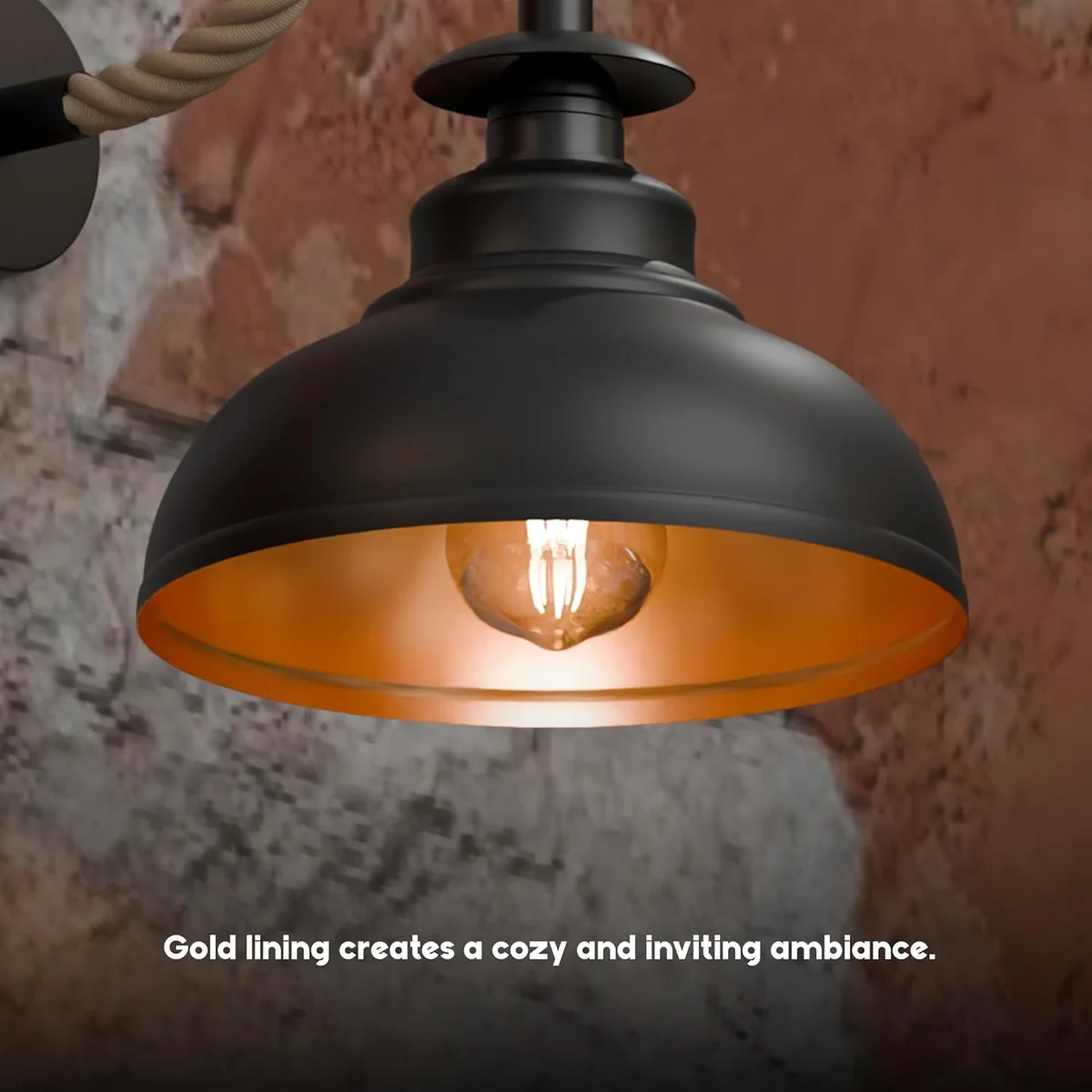 Dimmable black metal wall light with twisted hemp rope cable and vintage style E27 socket, mounted on white wall