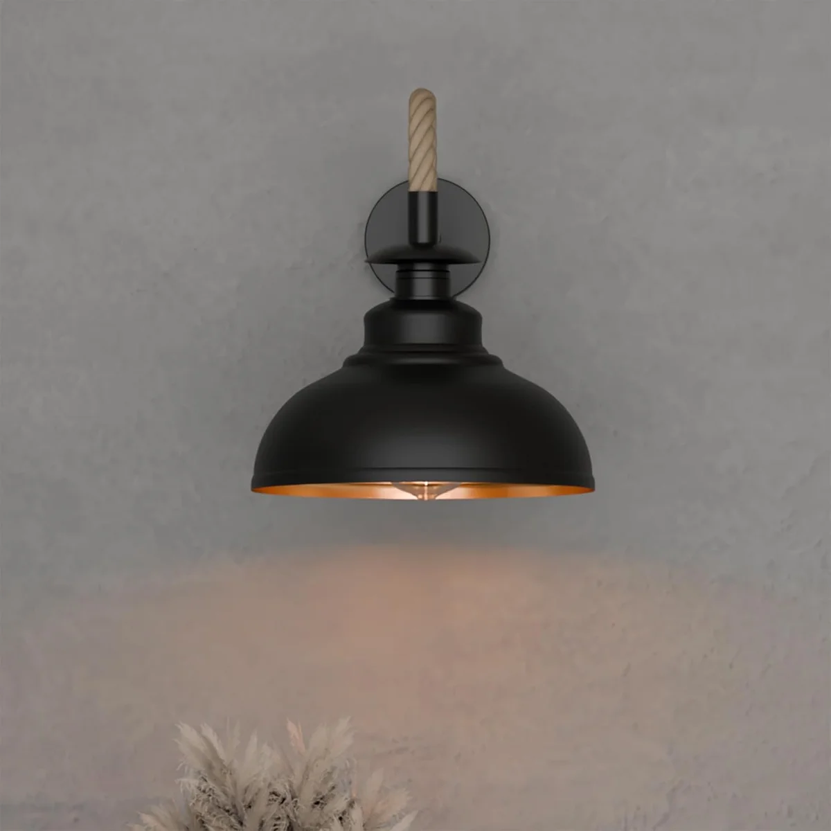 Dimmable black wall sconce with twisted hemp rope cable and metal shade, vintage style, wall mounted light fixture