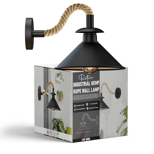 Black wall sconce with industrial metal shade and twisted hemp rope cable, vintage style, E27 bulb compatible, wall mounted light