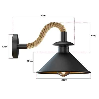 Black industrial rope wall light with twisted hemp cable and metal cone shade, vintage style, E27 bulb compatible
