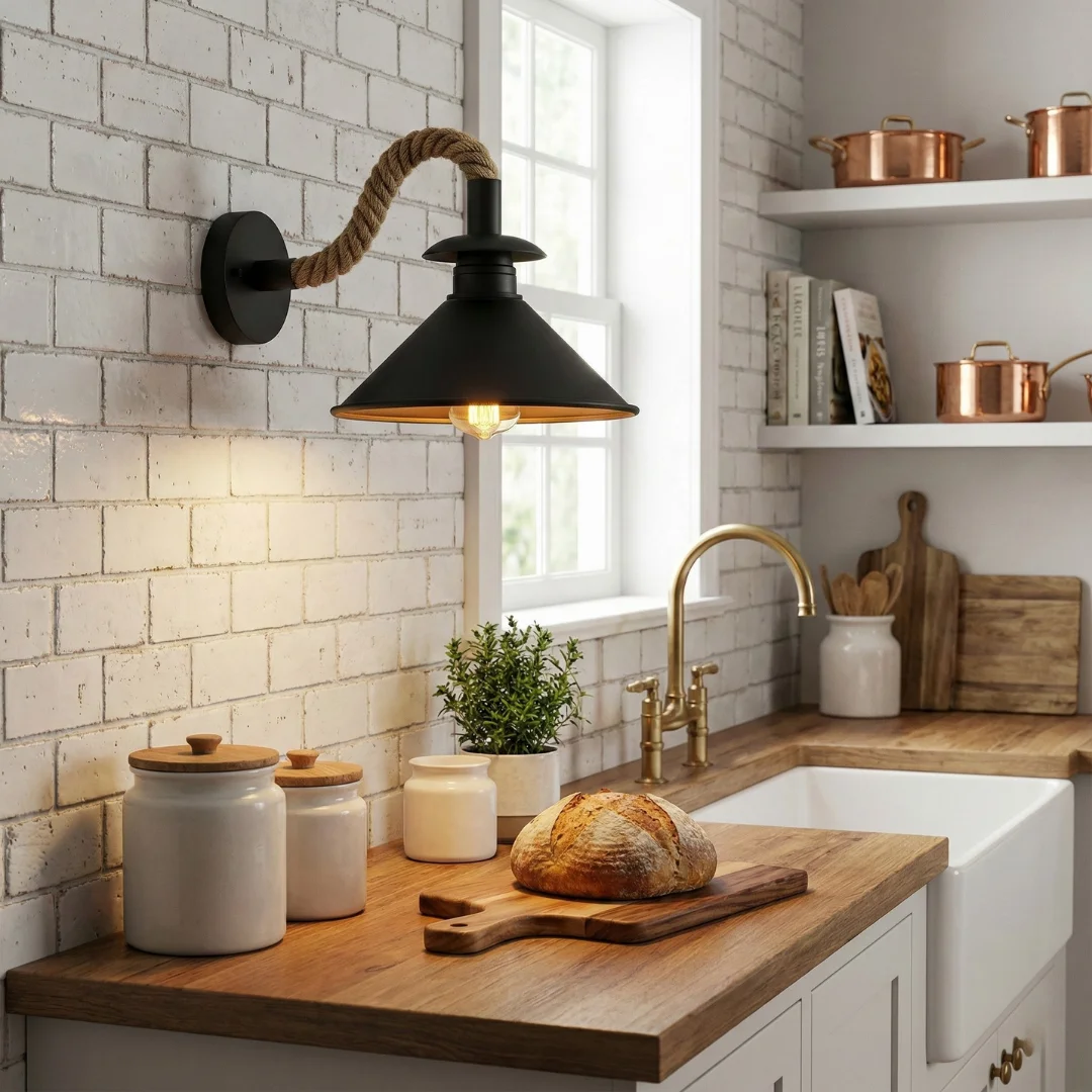 Vintage wall lamp with black metal shade and twisted hemp rope cable, wall-mounted sconce for indoor use