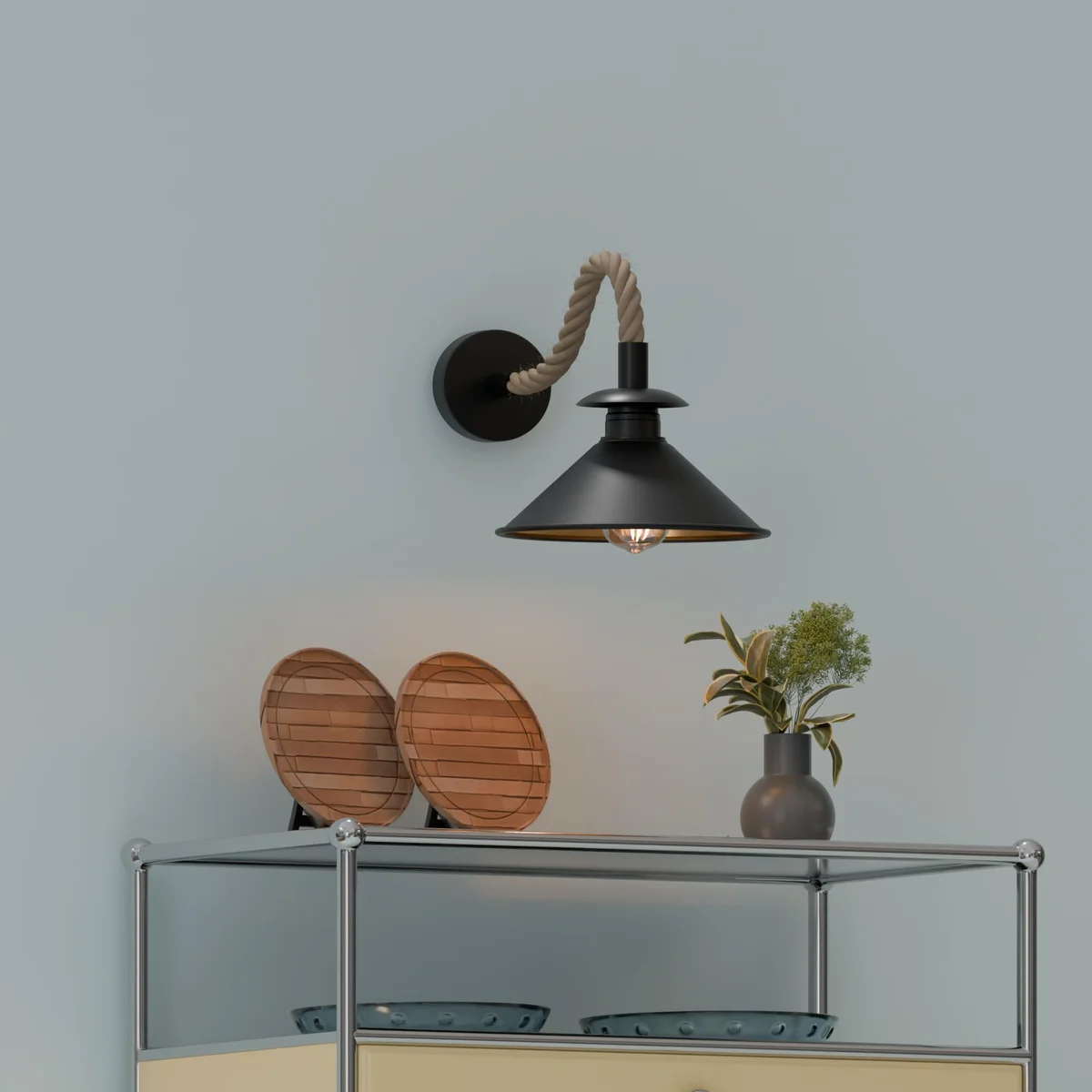 Black industrial cone wall light with twisted hemp rope lighting and metal sconce, vintage style, E27 bulb socket visible