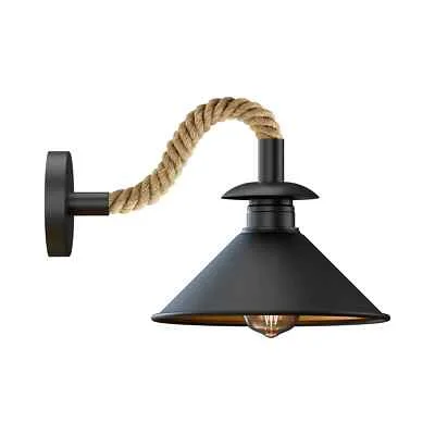 Industrial black E27 wall light with twisted hemp rope cable and metal shade, vintage style sconce for indoor use