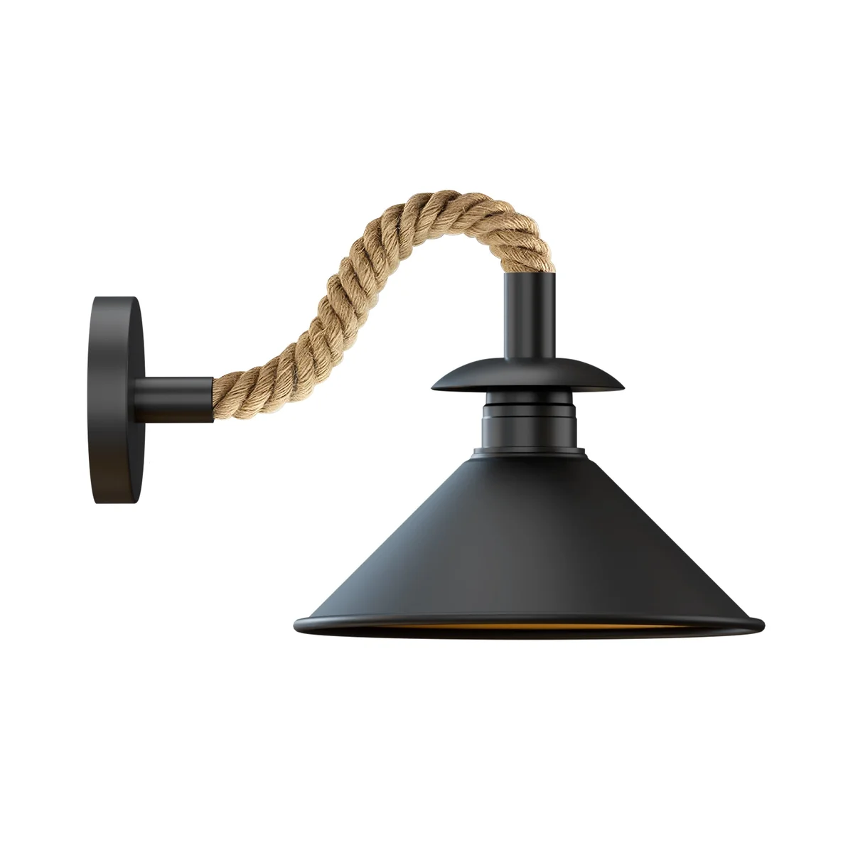 Black wall sconce with twisted hemp rope cable and metal shade, vintage style, suitable for indoor wall mounting