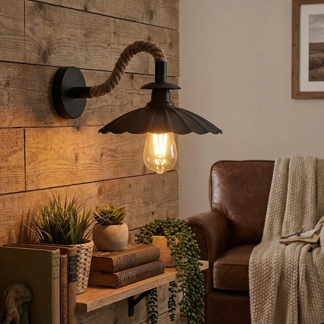 Vintage rope wall light with twisted hemp rope cable and 22cm black umbrella shade, industrial style, E27 socket, wall mounted