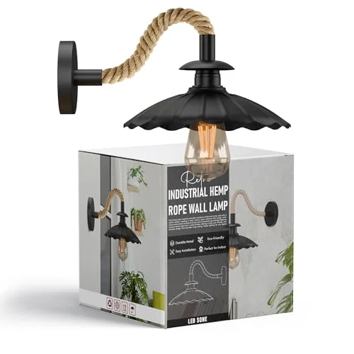 Vintage black hemp rope wall sconce with 22cm umbrella shade and metal fixtures, suitable for indoor wall mounting