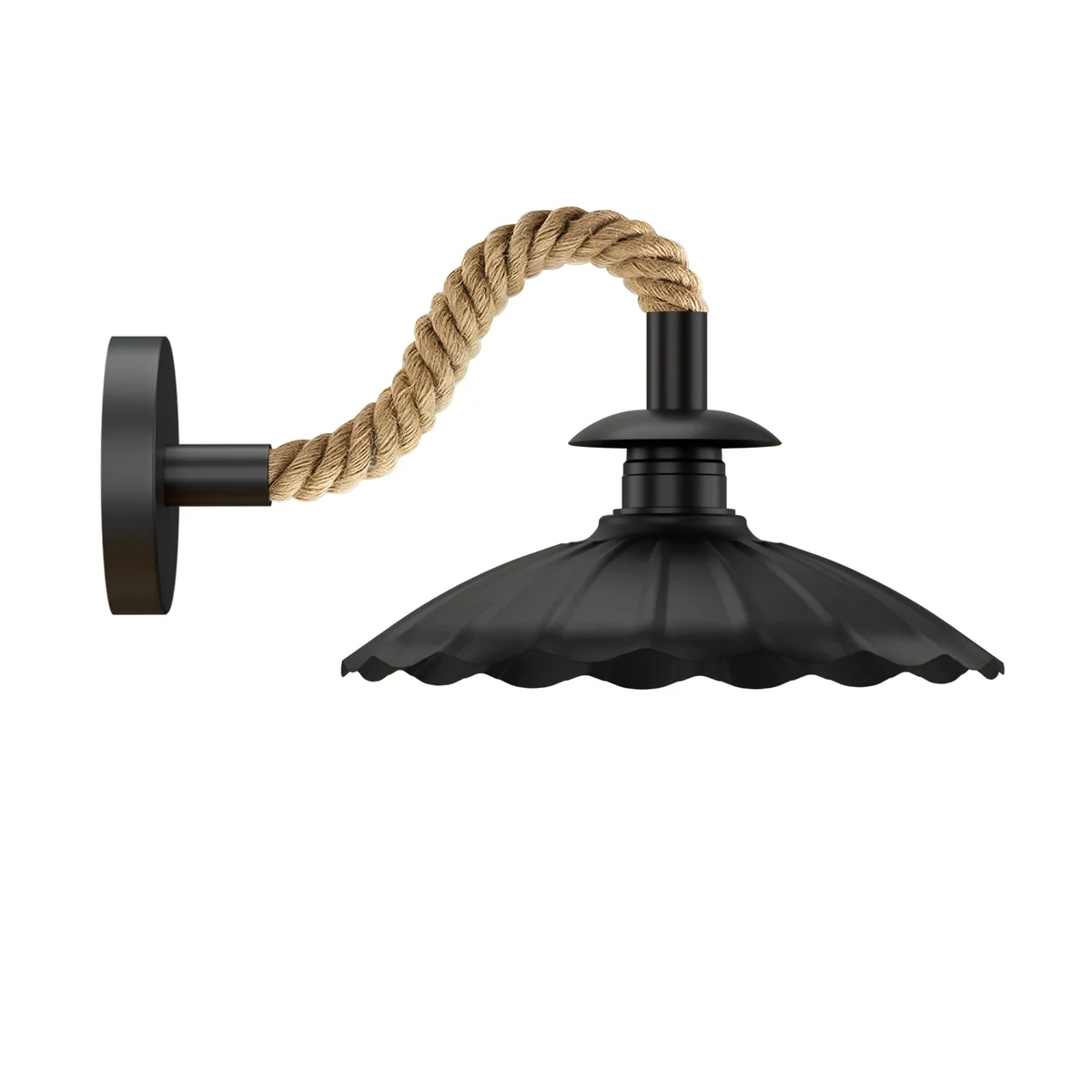 Vintage industrial wall lamp with black metal base, twisted hemp rope cable, and 22cm umbrella-shaped shade