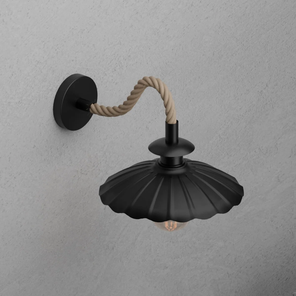 Vintage black rope wall sconce with 22cm umbrella shade, compatible with E27 bulb wall light, industrial hemp design