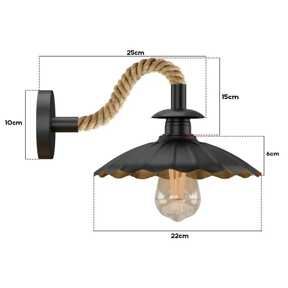 Dimmable vintage wall light with black twisted hemp rope and 22cm umbrella shade mounted on metal base