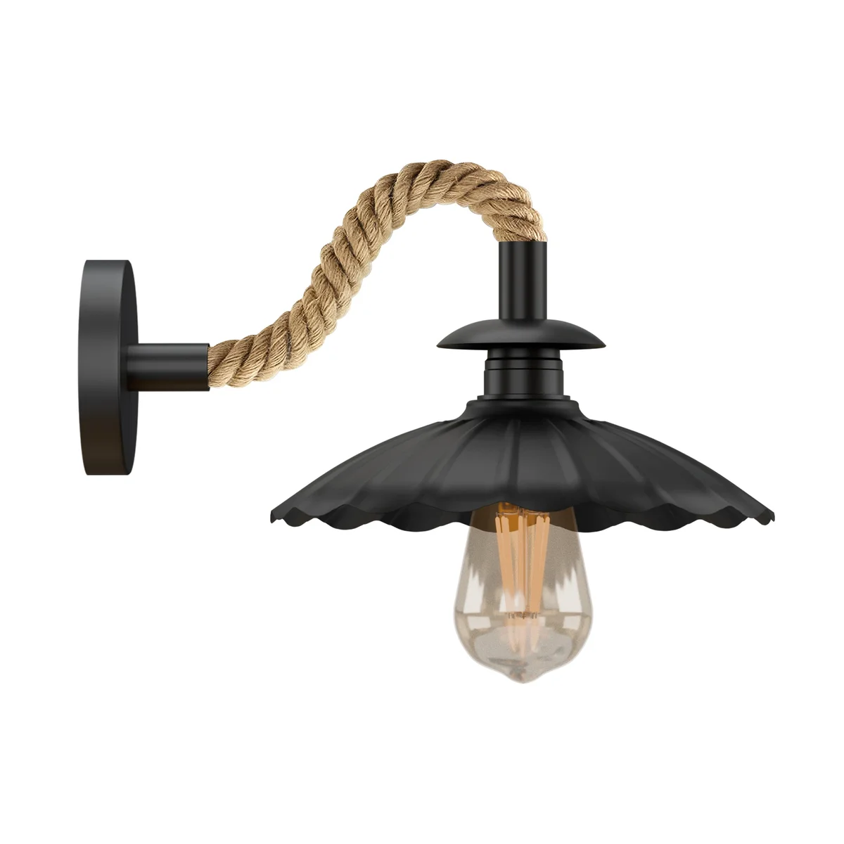 Vintage black rope wall sconce with 22cm umbrella shade, industrial hemp indoor rope lighting, E27 bulb compatible