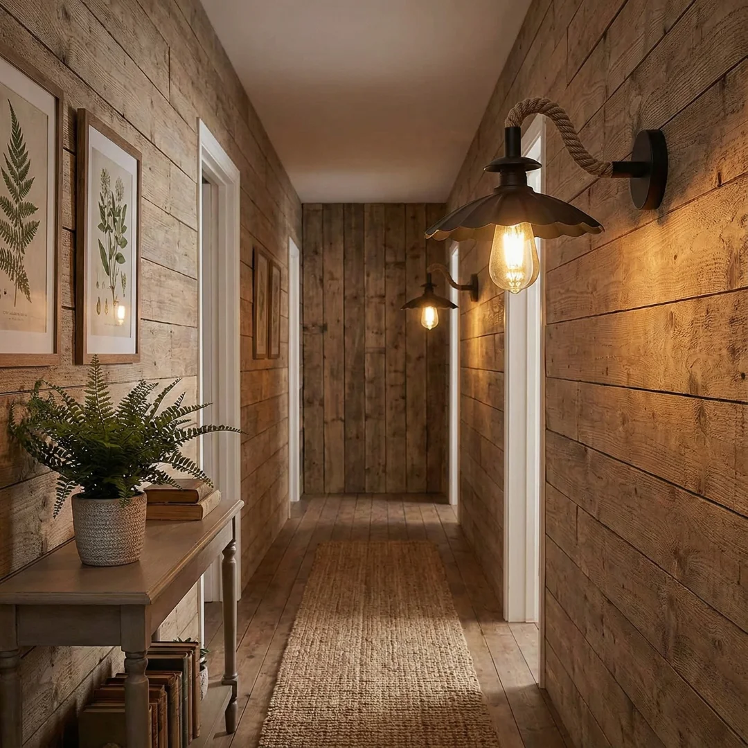 Vintage rope wall light with twisted hemp rope cable and 22cm black umbrella shade mounted on metal base