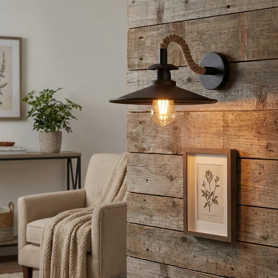 Vintage hemp wall sconce with large 32cm flat metal shade and twisted hemp rope cable, industrial style, E27 socket, dimmable