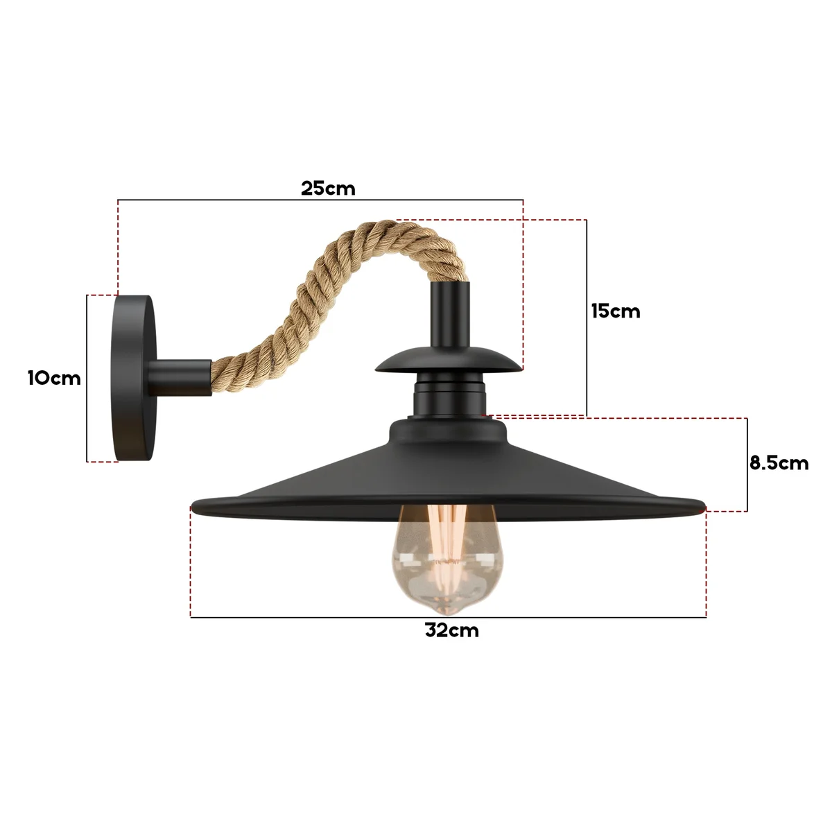 Vintage industrial wall light with large 32cm flat hemp rope shade and twisted rope cable, E27 bulb compatible