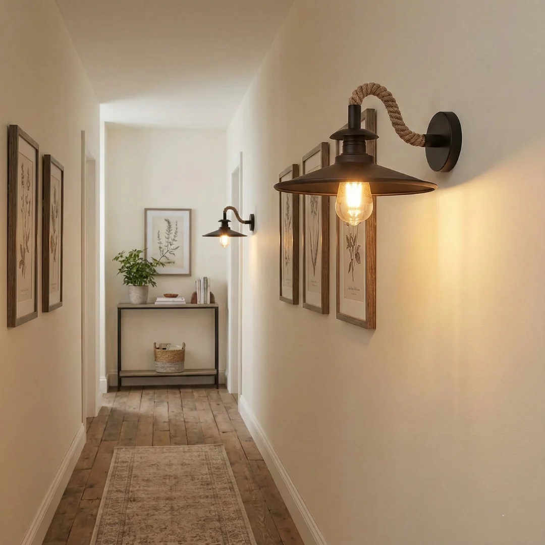 Vintage rope wall lamp with large 32cm flat hemp shade and twisted hemp rope cable, industrial style, E27 socket, dimmable