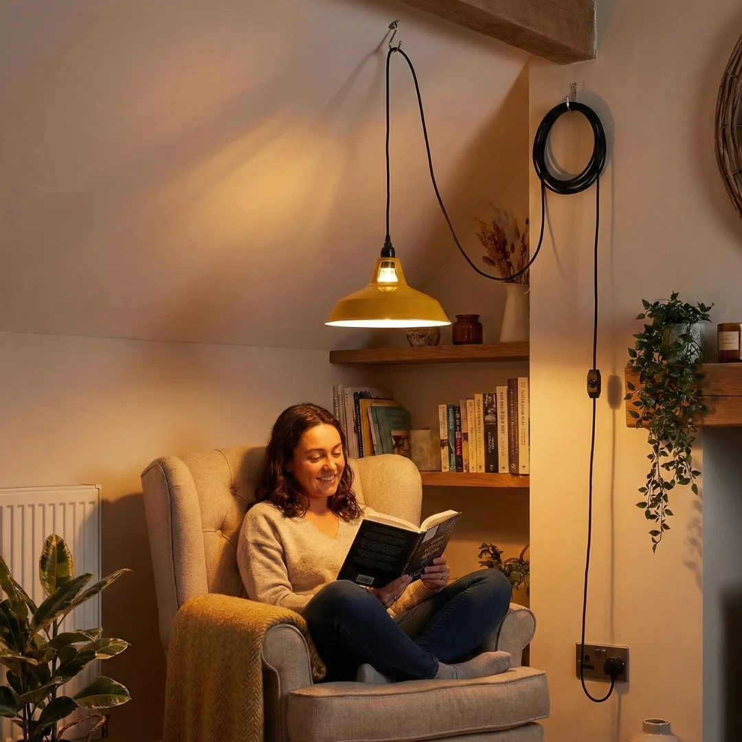 Plug in pendant light with 30cm metal shade and 4m fabric cable, featuring built-in dimmer switch for adjustable lighting