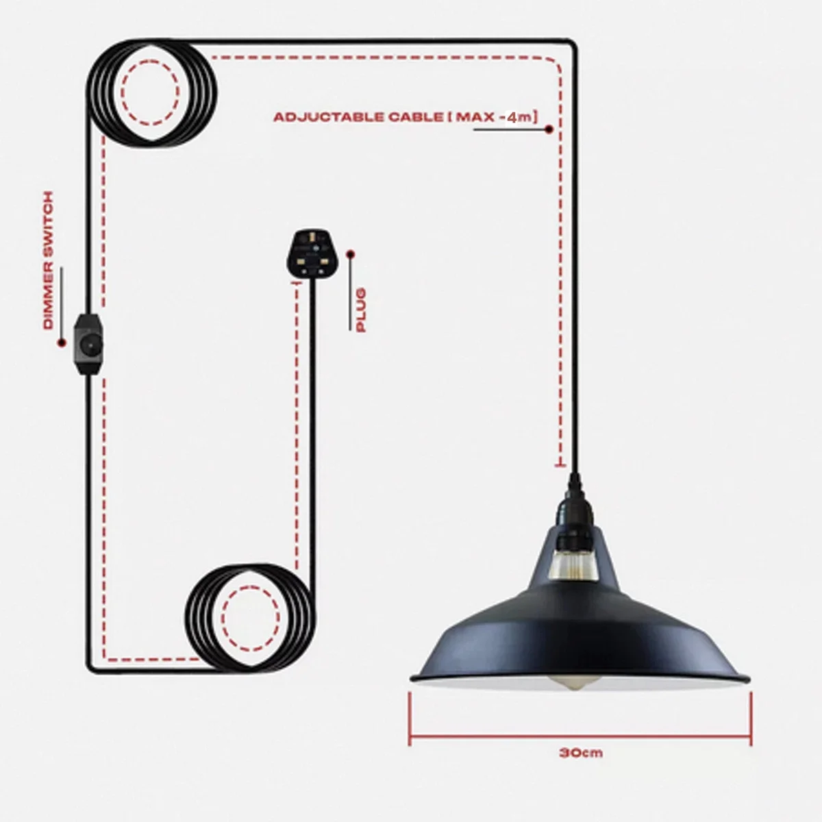 Industrial pendant light with 30cm metal shade and 4m fabric cable, featuring built-in dimmer switch and UK plug