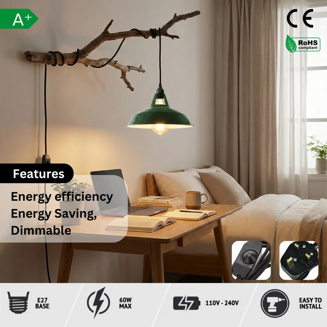 Hanging pendant light with 30cm metal shade and 4m fabric cable plugged into a wall socket with dimmer switch visible