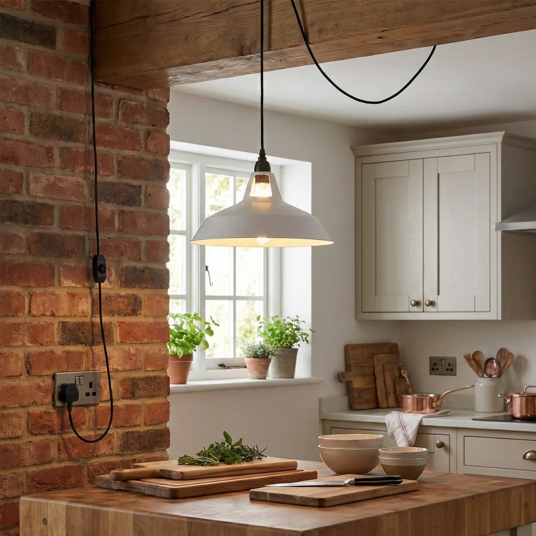 Pendant light with dimmer featuring a 30cm metal shade and 4m fabric cable hanging in a modern interior setting