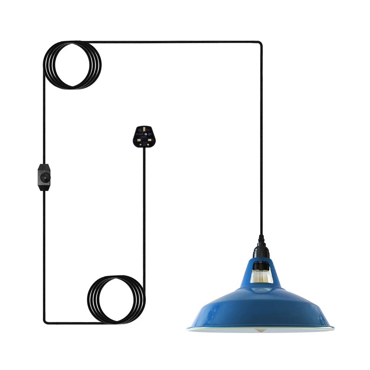 Metal shade pendant light with 30cm shade hanging from 4m fabric cable, featuring built-in dimmer switch and UK plug
