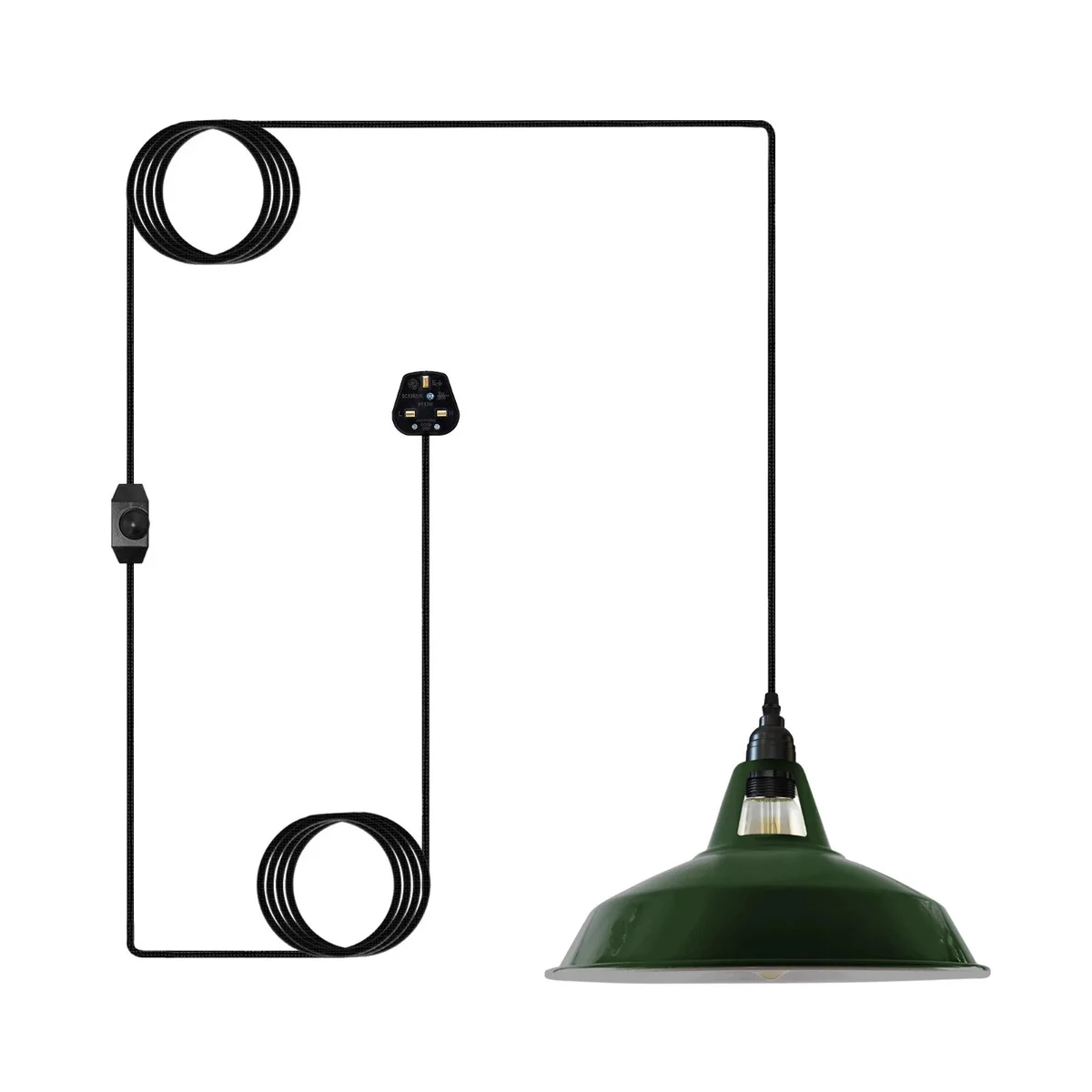 Plug in pendant light with 30cm metal shade hanging from 4m fabric cable, showing built-in dimmer switch on cord